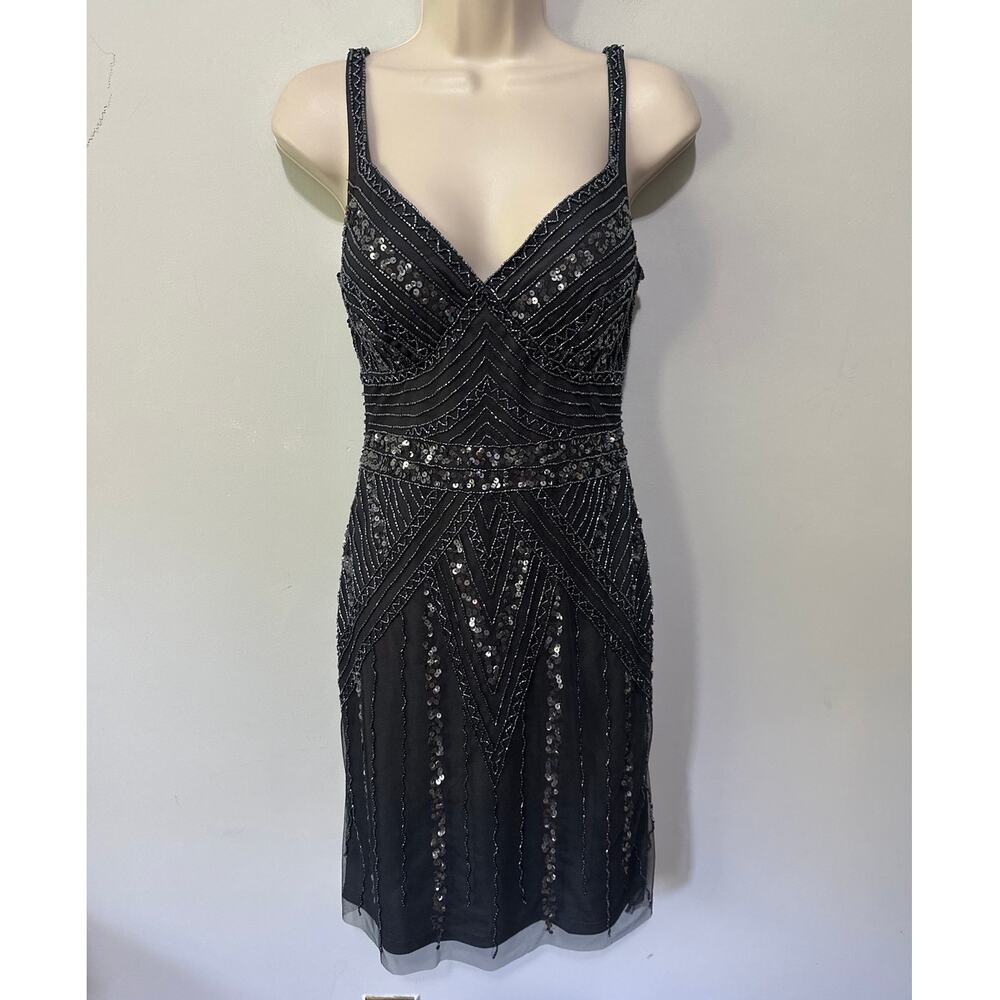 Marina Dress Womens 4 Blacked Beaded Cocktail Art Deco Evening Wedding Glam